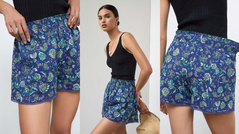women wearing blue patterned shorts
