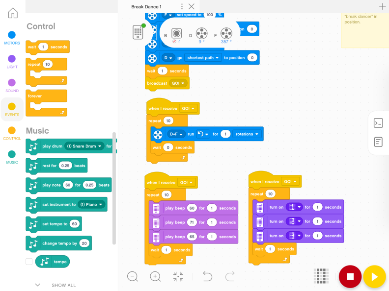 In the LEGO SPIKE app, coding for the "Break Dance" challenge involved synchronizing motors and music.