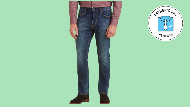 A pair of slim fit blue jeans.