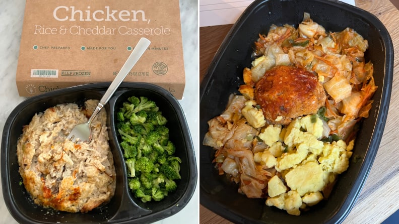 Left: BistroMD chicken, rice and cheddar casserole in black tray with side of broccoli. Right: Scrambled eggs with pork and kimchi.