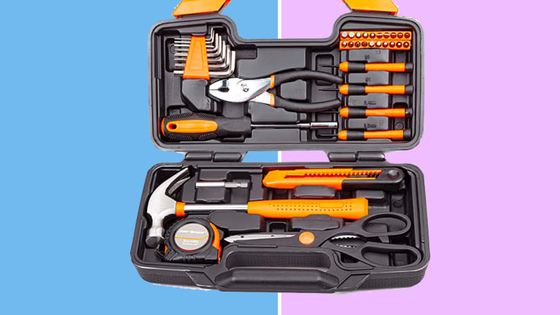 Picture of an orange toolkit containing several different tools including a wrench, allen wrenches, tape measure, screwdriver, hammer and more.