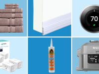 On top, collage of stack of different-sized towels in plum color, door stopper on bottom of white door, Ring thermostat with temperature on screen. On bottom, two white smart plugs next to tube of caulk material and gray air fryer.
