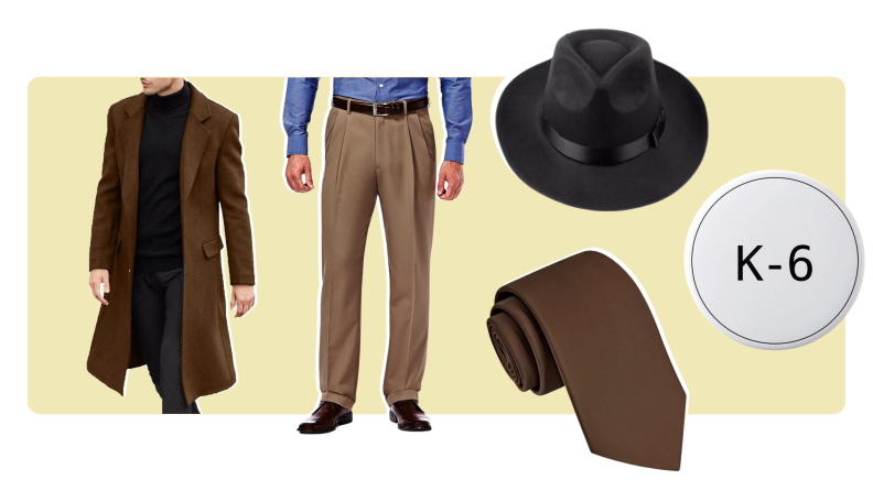 A coat, pants, tie, and fedora all in brown, along with a pin that reads K-6.