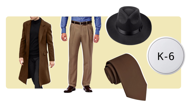 一件外套,裤子,领带,fedora brown, along with a pin that reads K-6.