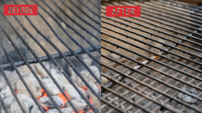 Two side by side images of a clean and dirty grill