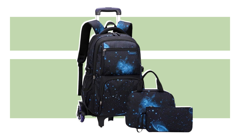 The Rolling Space Galaxy Bookbag on a green background.