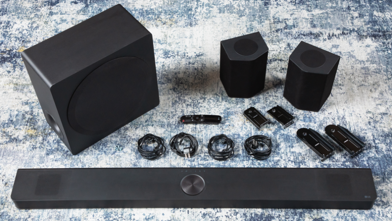 The LG S95TR soundbar and all of its separate contents.