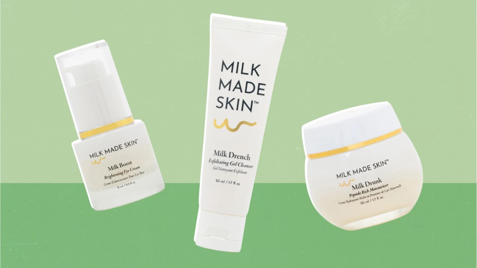 Three Milk Made Skin products, featuring the Milk Made Skin Milk Drench Exfoliating Gel Cleanser, Milk Boost Brightening Eye Cream, and the Milk Drunk Peptide Rich Moisturizer.