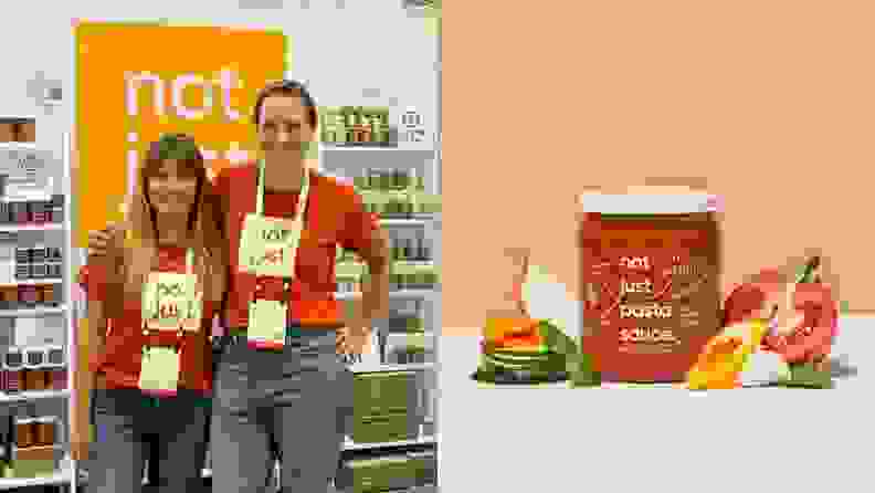 Left: Not Just founders standing side by side. Right: jar of Not Just tomato sauce surronded by fresh produce