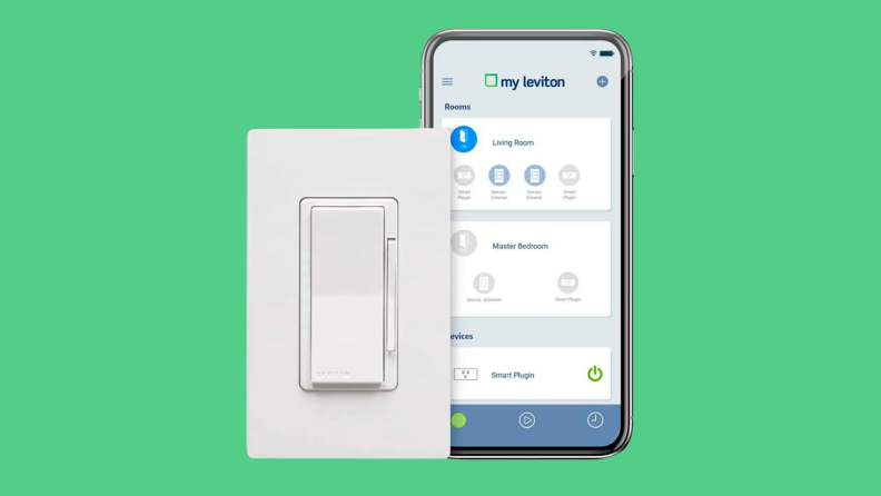 A Leviton ceiling fan switch with a smart phone showing the app against a green background.