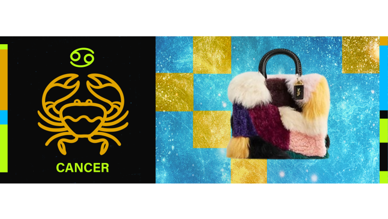 On the left is the symbol for Cancer, and on the right is a handbag with multicolored faux fur.