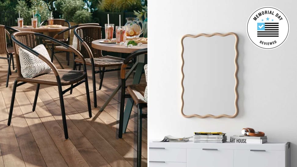 Outdoor rattan chairs and a curved wood mirror at Wayfair