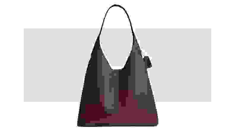 A slouchy brown leather tote bag.