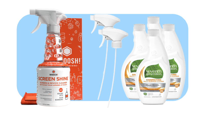 Product shots of two bottles of Whoosh! Screen Shine and  Seventh Generation Disinfecting Multi-Surface Cleaner.