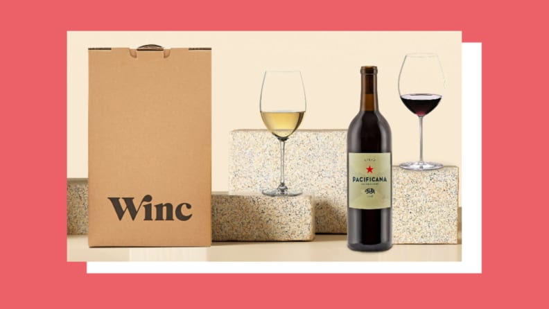 Winc box with a wine bottle and glasses of wine