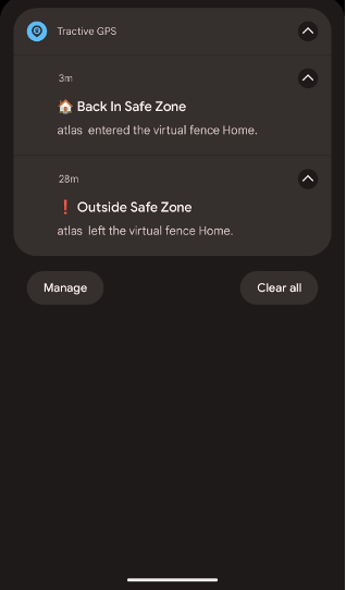 Screenshot showing when Tractive has left a designated zone.