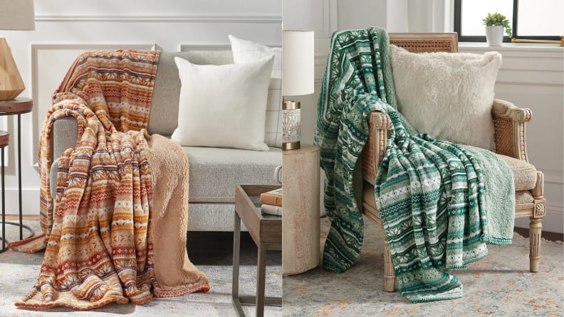 An image of two versions of the same Fair Isle blanket, one in orange pattern and one in green pattern.