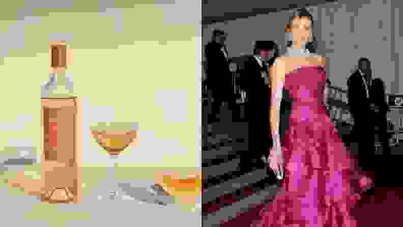 Left: A bottle of Avaline wine sits open beside a full glass and a large wedge of fresh cantaloupe. Right: Actress Cameron Diaz descends a staircase wearing a pink dress.