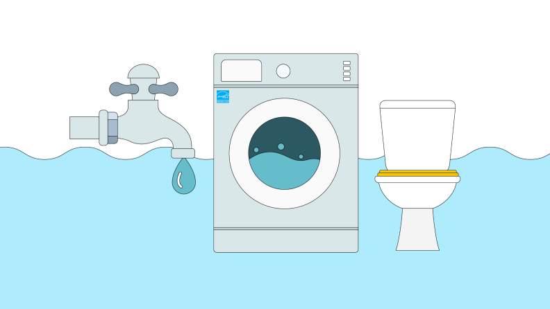 Graphic of a faucet, washing machine and toilet set against a watery background.