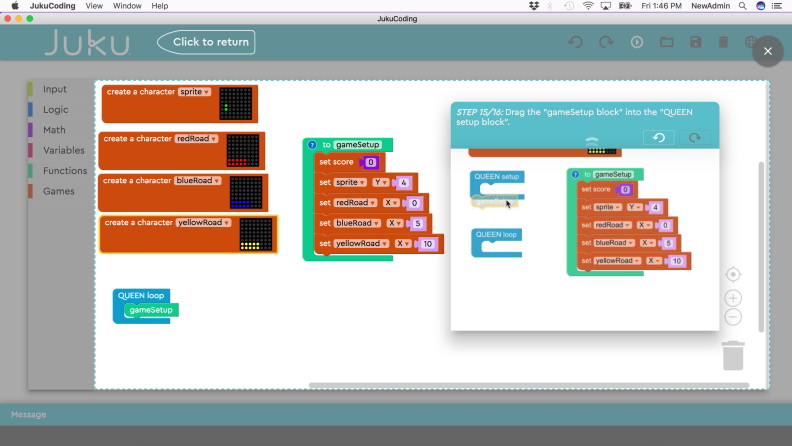 In the Juku program, you follow directions to assemble Scratch coding programs.