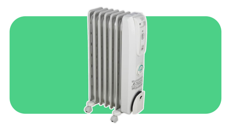 A white DeLonghi EW7707CM space heater on a green background.