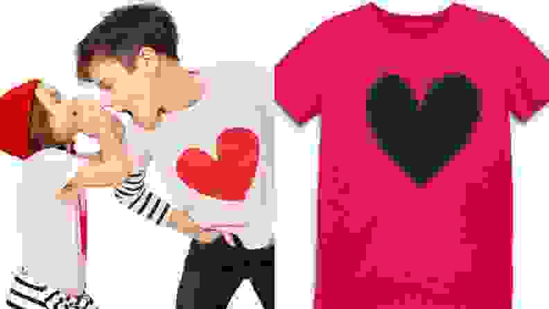 On left, children playing together while wearing heart-printed shirt. On right, red children's t-shirt with navy heart printed on front.