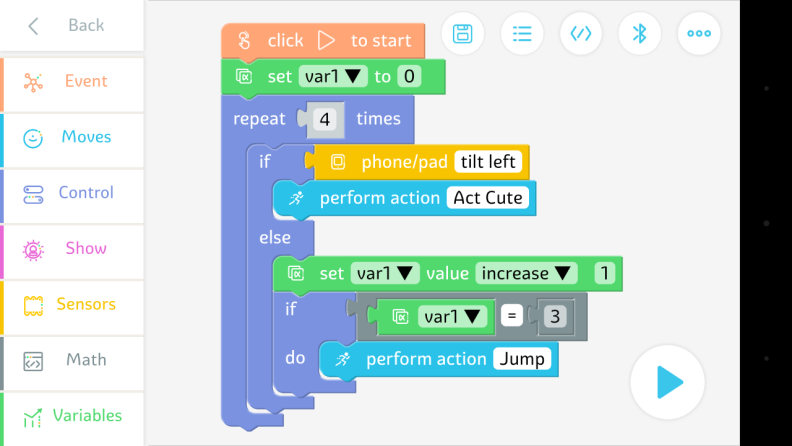 A sample coding program in the JIMU app.