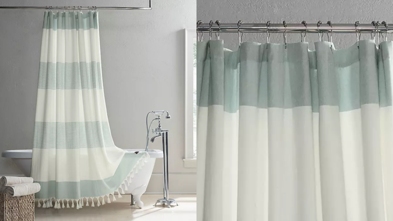 A white and green striped shower curtain.