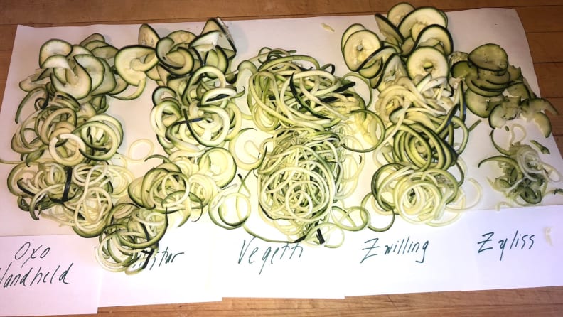The results of spiralized zucchini, also known as zoodles, from our testing different spiralizers.