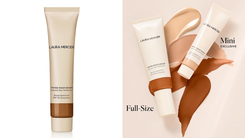 On the left: The tube of Laura Mercier Tinted Moisturizer. On the right: The full-sized and travel-sized versions of the tinted moisturizer.