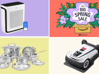 A four panel image shows a air conditioner, robot lawn mower, cookware, and a graphic description of flowers