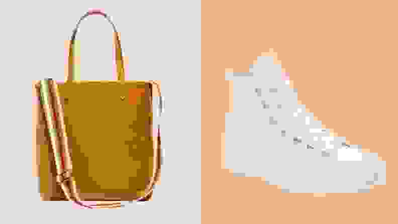 brown purse / high top white shoes