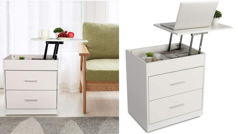 This small white nightstand has two large drawers, but the top surface lifts up for a heigh boost (it could probably serve as a standing desk in a pinch). You can also store items inside the top portion.