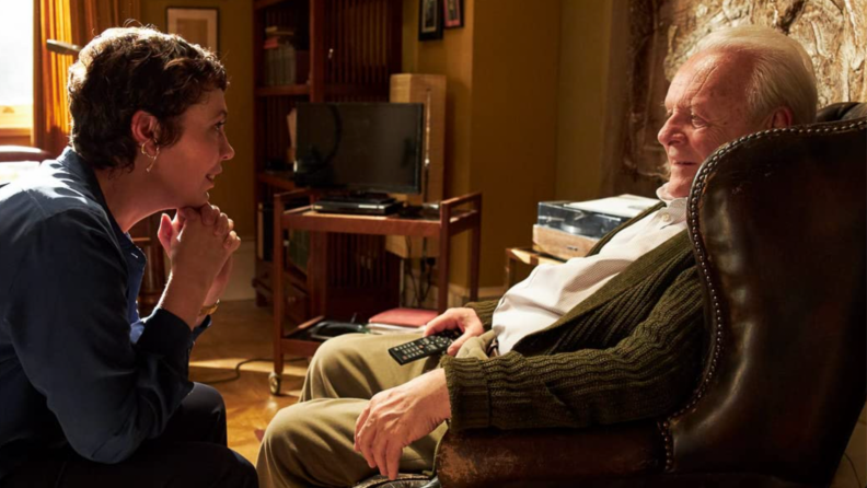 A still from the film The Father with actress Olivia Coleman conversing with actor Anthony Hopkins.