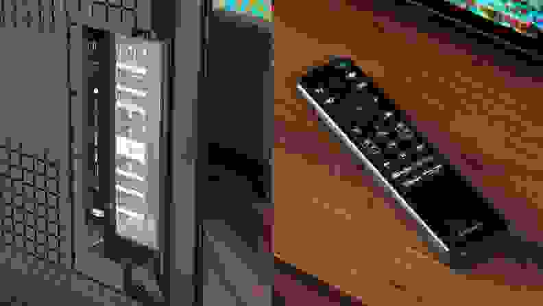 The back of the tv with the connectivity ports and the remote.