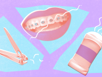 Cartoon graphic of fingernail clipper, a smiling mouth with braces, and a stick of deodorant.