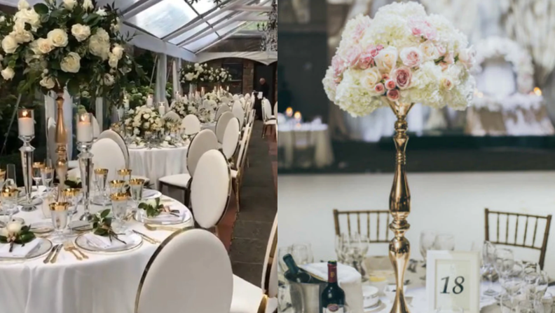 On left, wedding guest table indoors with floral centerpiece in middle. On right, gold centerpiece in middle of wedding table with floral bouquet inside