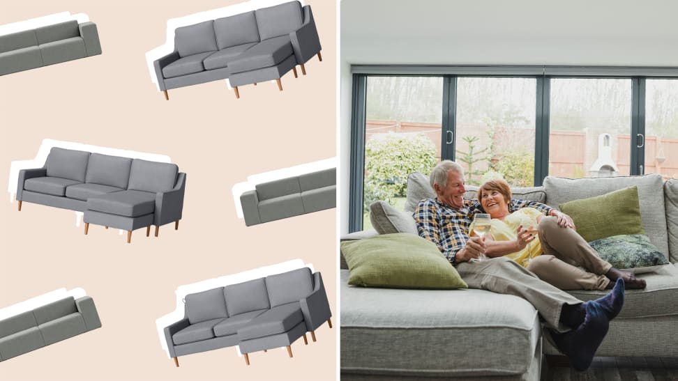 Side-by-side shots of a sofa collage and an older couple sitting in a sofa in their living room.