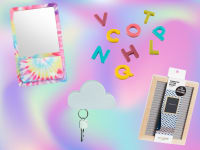 On right, rainbow tie-dye pocket organizer from PB Teen in front of multi-colored background. In middle,  magnetic cloud holding key from TWONE and magnetic letters from The Container Store in front of multi-colored background.. On right, wooden letter board from U Brands in front of multi-colored background.