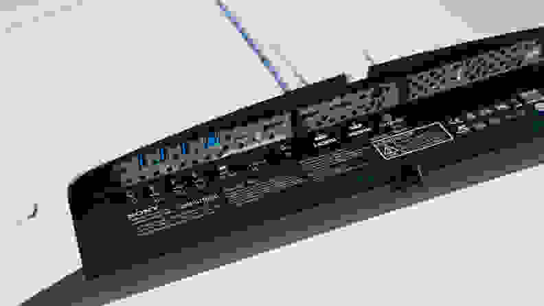 Close up of the connectivity ports on the underside of a computer monitor