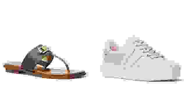 On left, brown sandal. On right, white and pink sneaker.