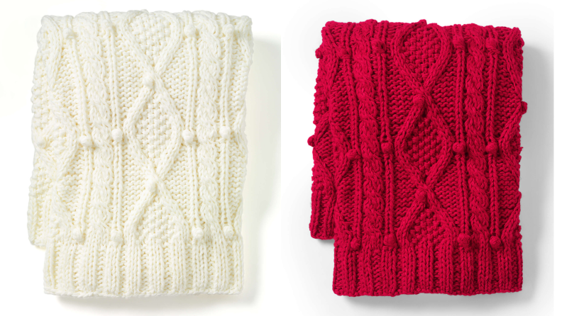 Lands' End Cable Knit Throw Blanket in ivory and red