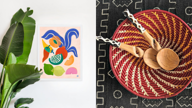 Left: a colorful print hanging on a wall next to a large plant, Right: a bright red woven basket with decorative cooking utensils