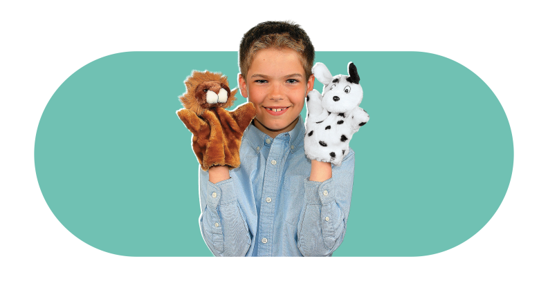 A boy with an animal hand puppet on each of his hands