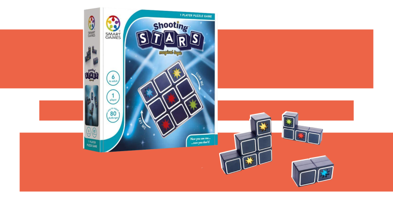 Three modular block combinations from the SmartGames Shooting Stars 3D Skill-Building Puzzle Game hover in front of the packaging for the set in front of a red-orange and white background.
