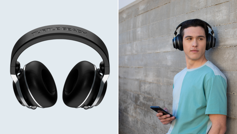 Split image of a product photo of the Turtle Beach Stealth Pro gaming headset and a photo of a person wearing the headset while leaning against a wall.
