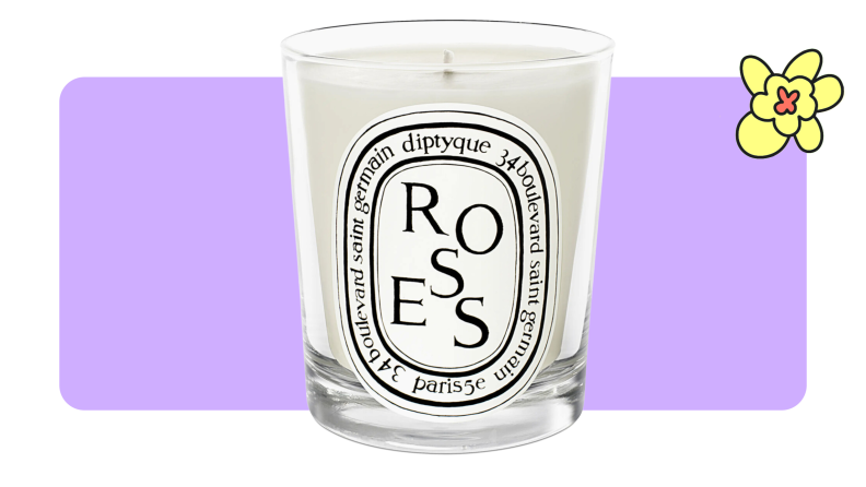 Diptyque ROSES candle on purple background