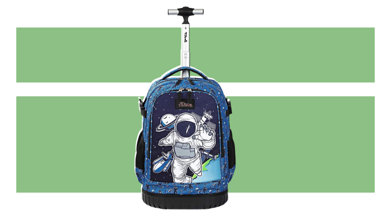 The Tilami Cartoon Printed Kids Rolling backpack on a green background.