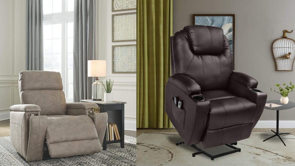 On left, sand colored power lift chair in living room setting. On right, brown leather chair in elevated position in living room setting.