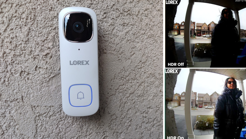 On left, Lorex 2K Wired Video Doorbell mounted on wall of home outdoors.